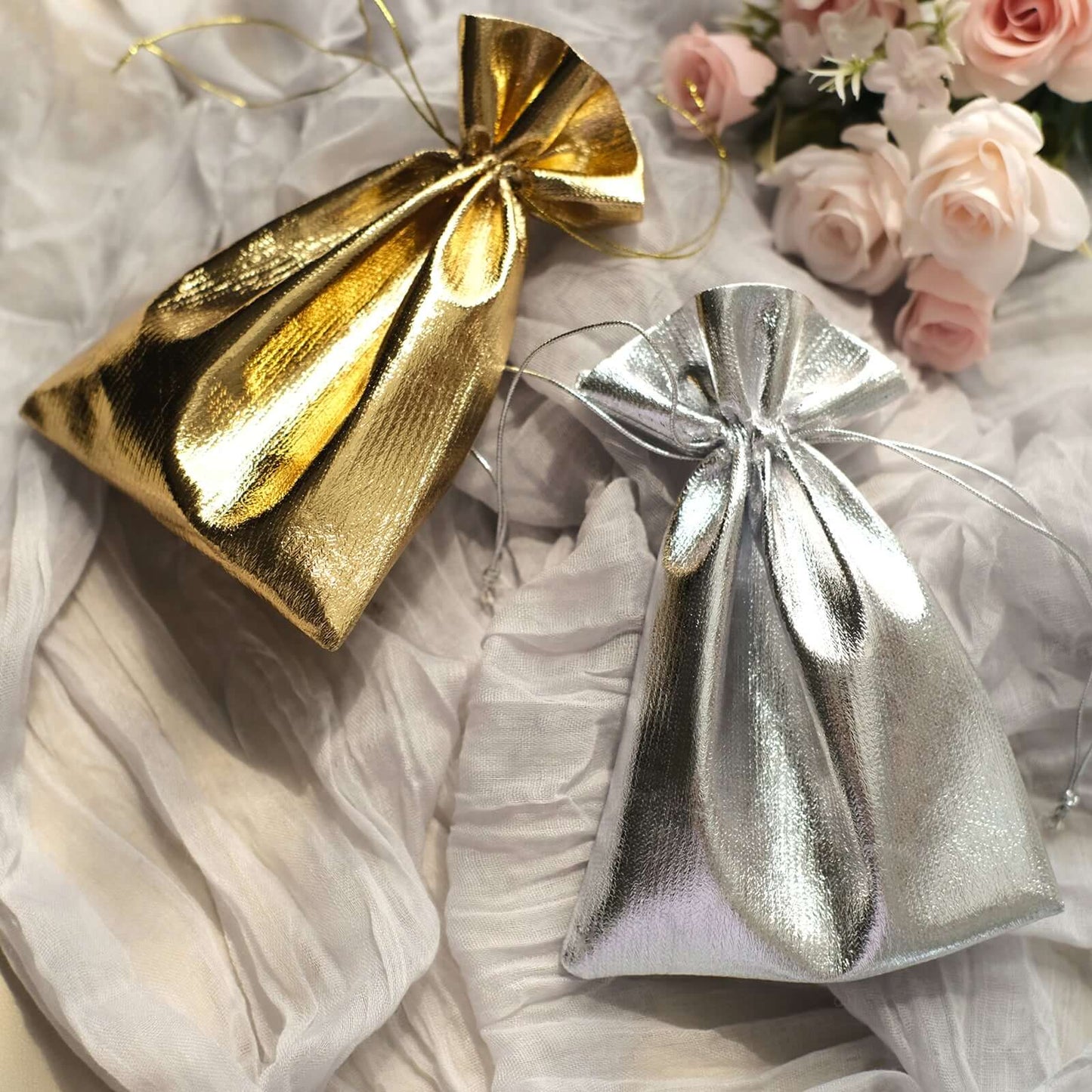 10 Pack Metallic Gold Lame Polyester 5"x7" Party Favor Gift Bags, Shiny Fabric Drawstring Candy Pouch