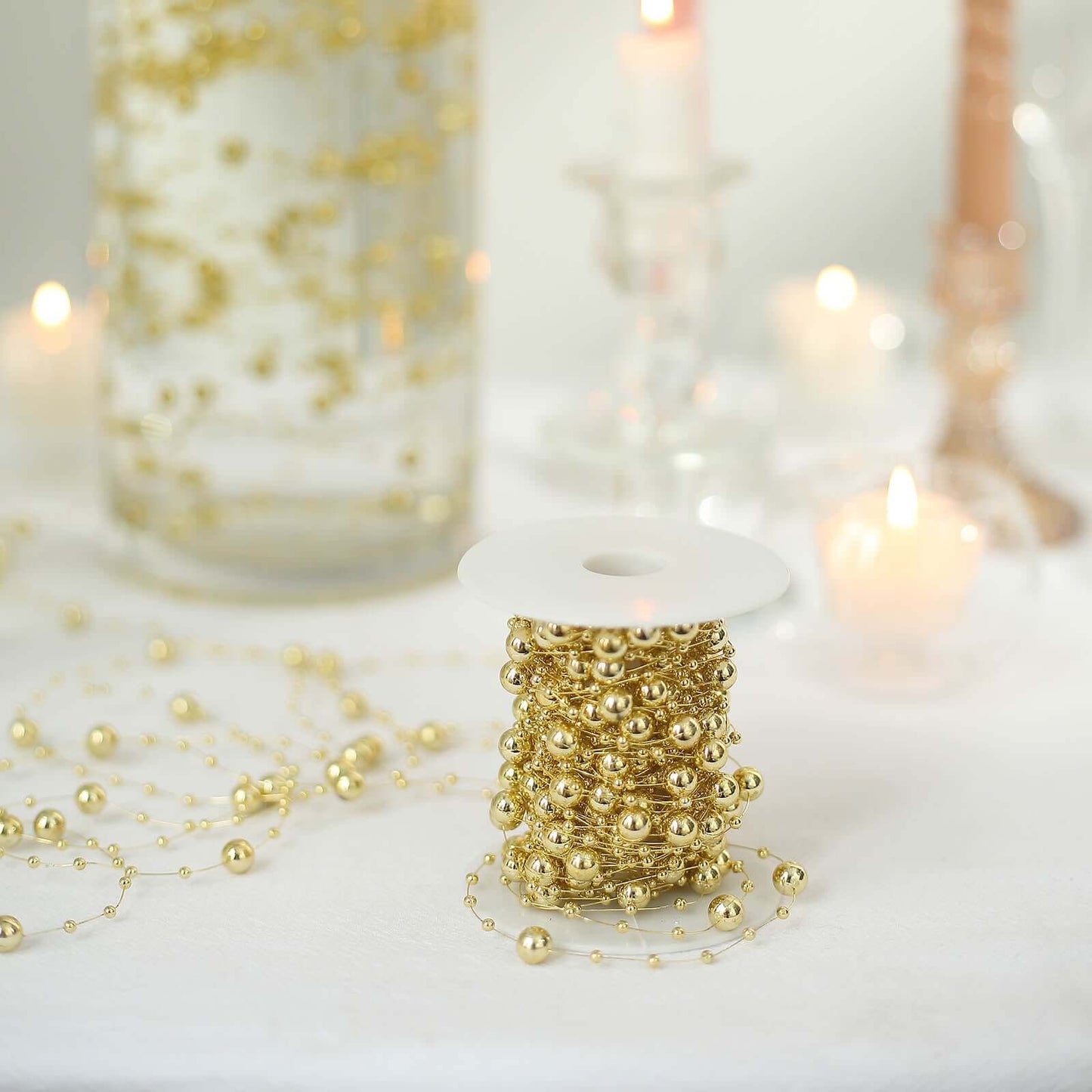 Faux Pearl String Beads Vase Filler - Gold DIY Craft Fishing Line Pearl Chains 100ft