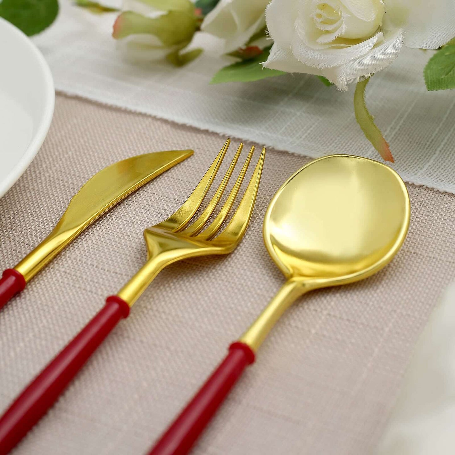 24-Pack Plastic Flatware Set in Metallic Gold with Red Handle - Heavy Duty Disposable Modern Silverware 8"