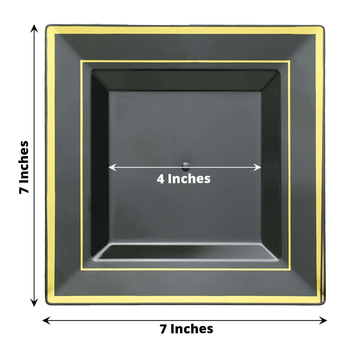 10-Pack Plastic Salad Dessert Plates Black Square with Gold Trim - Durable Disposable Appetizer Plates 7"