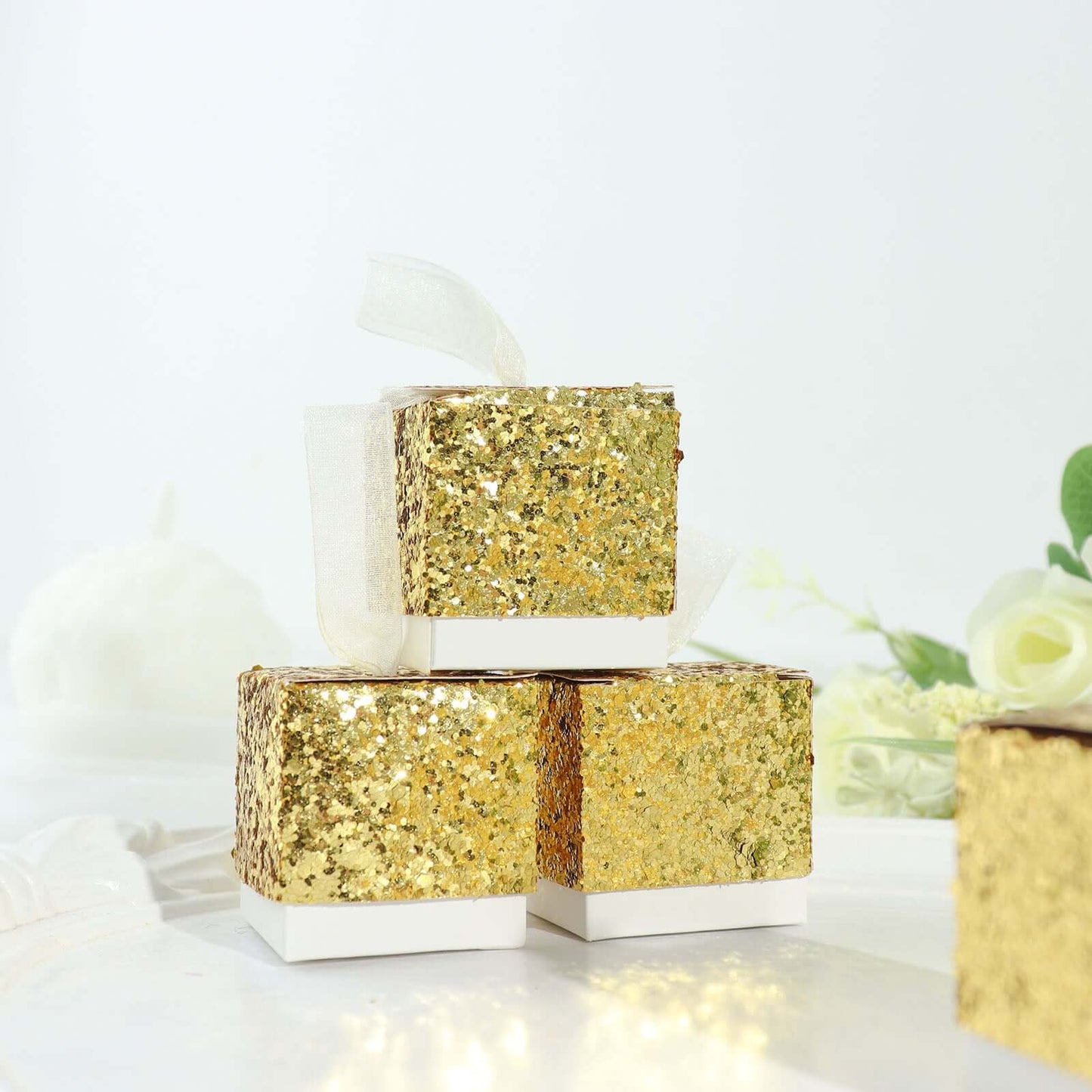 25 Pack 2" Gold Sequin Glitter Party Favor Boxes With White Ribbon Loop, Wedding Favor Gift Boxes, Candy Cases