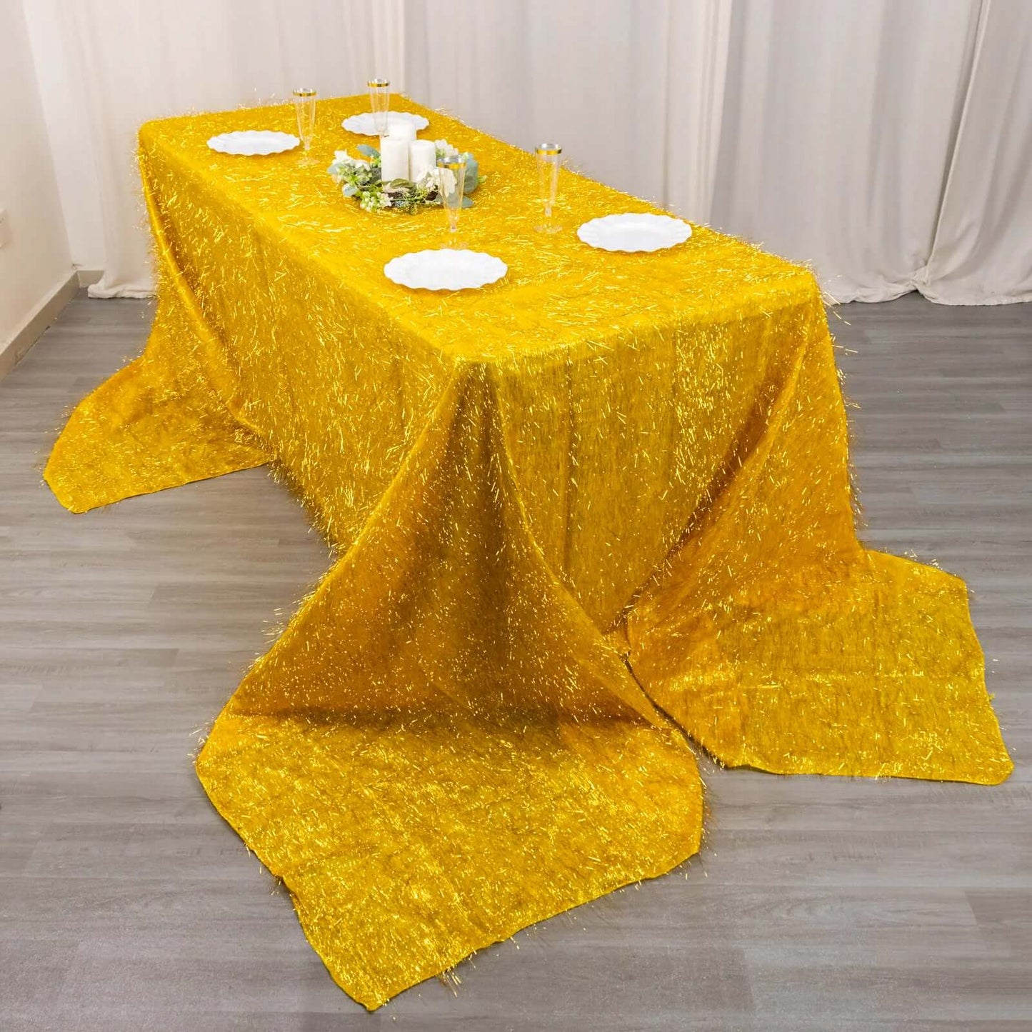 Polyester 90"x156" Rectangle Tablecloth Gold Metallic Fringe Shag Tinsel Design Table Cover for Events Decor