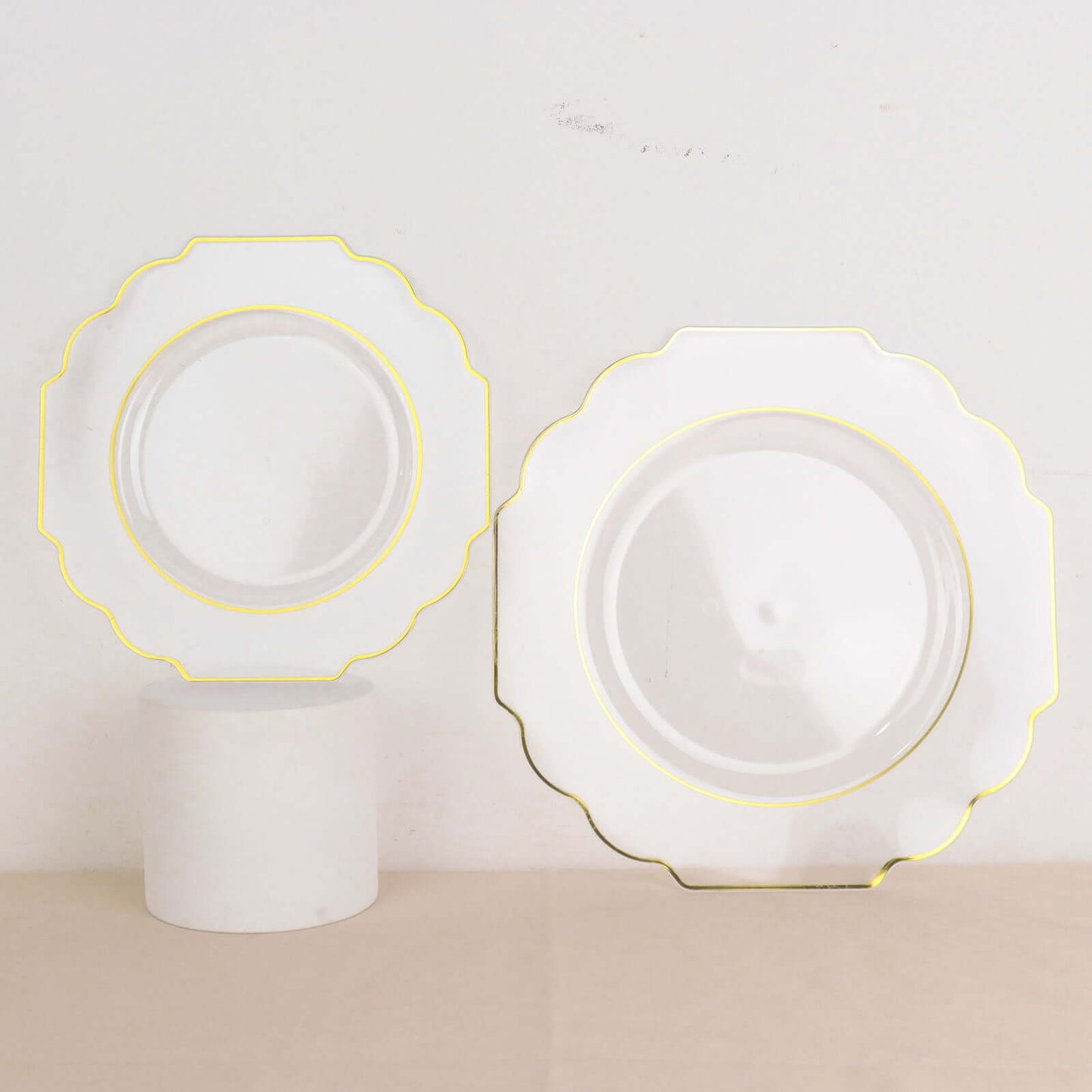 10-Pack Plastic Dessert Appetizer Plates in Clear Baroque Design with Scalloped Gold Rim - Heavy Duty Disposable Salad Plates 8"