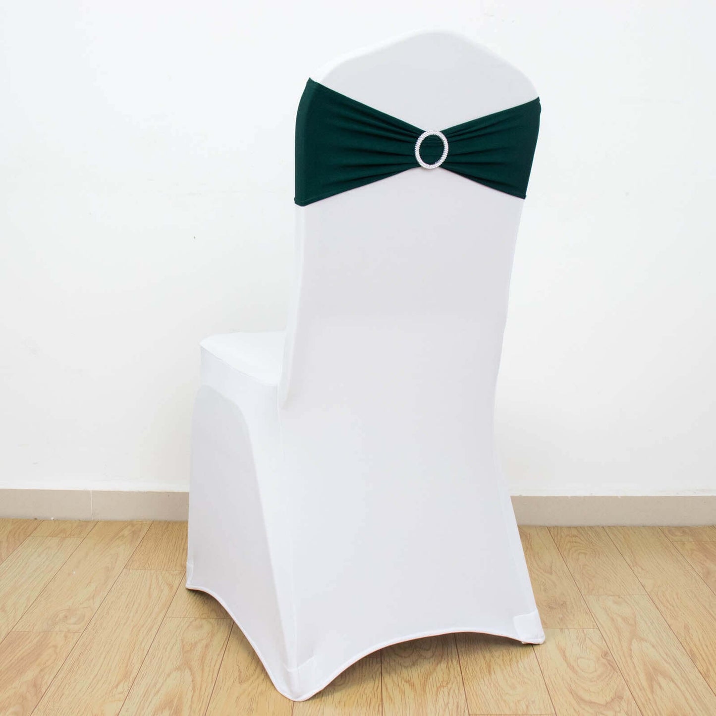 5 Pack Stretch Spandex Chair Sashes Hunter Emerald Green - Reusable Chair Bands with Silver Diamond Ring Slide Buckle 5"x14"