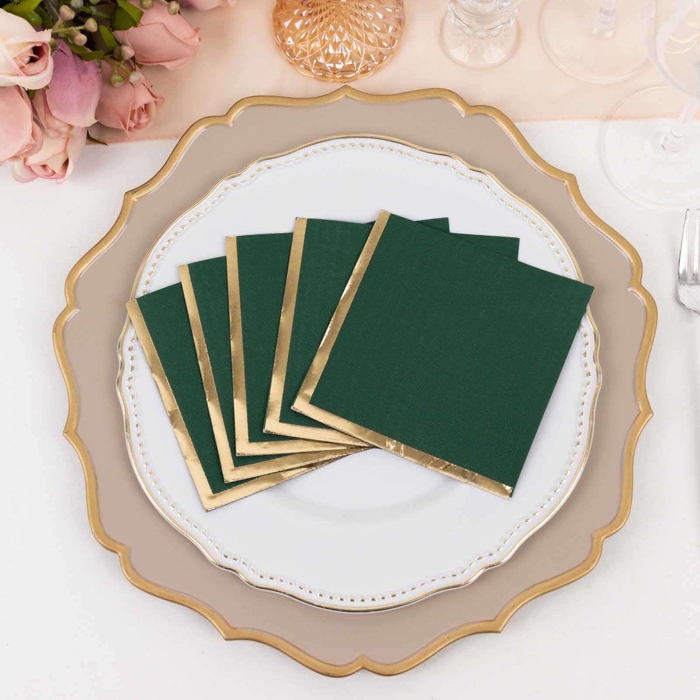 50-Pack Paper Beverage Napkins Hunter Emerald Green with Gold Foil Edge - 2 Ply Disposable Soft 18GSM Cocktail Napkins 5"x5"
