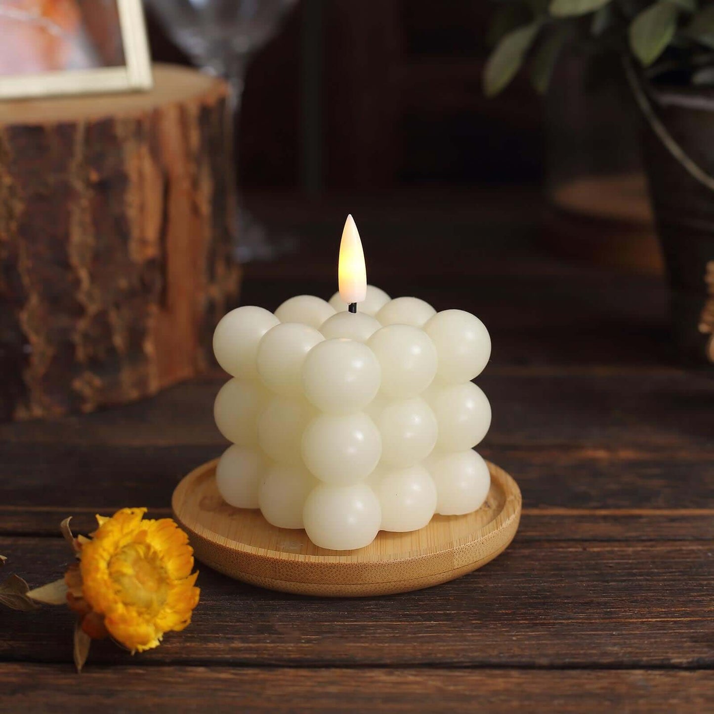 2-Pack LED Flameless Cube Candles Flickering Warm White Ivory - Battery Operated Bubble Design 2"