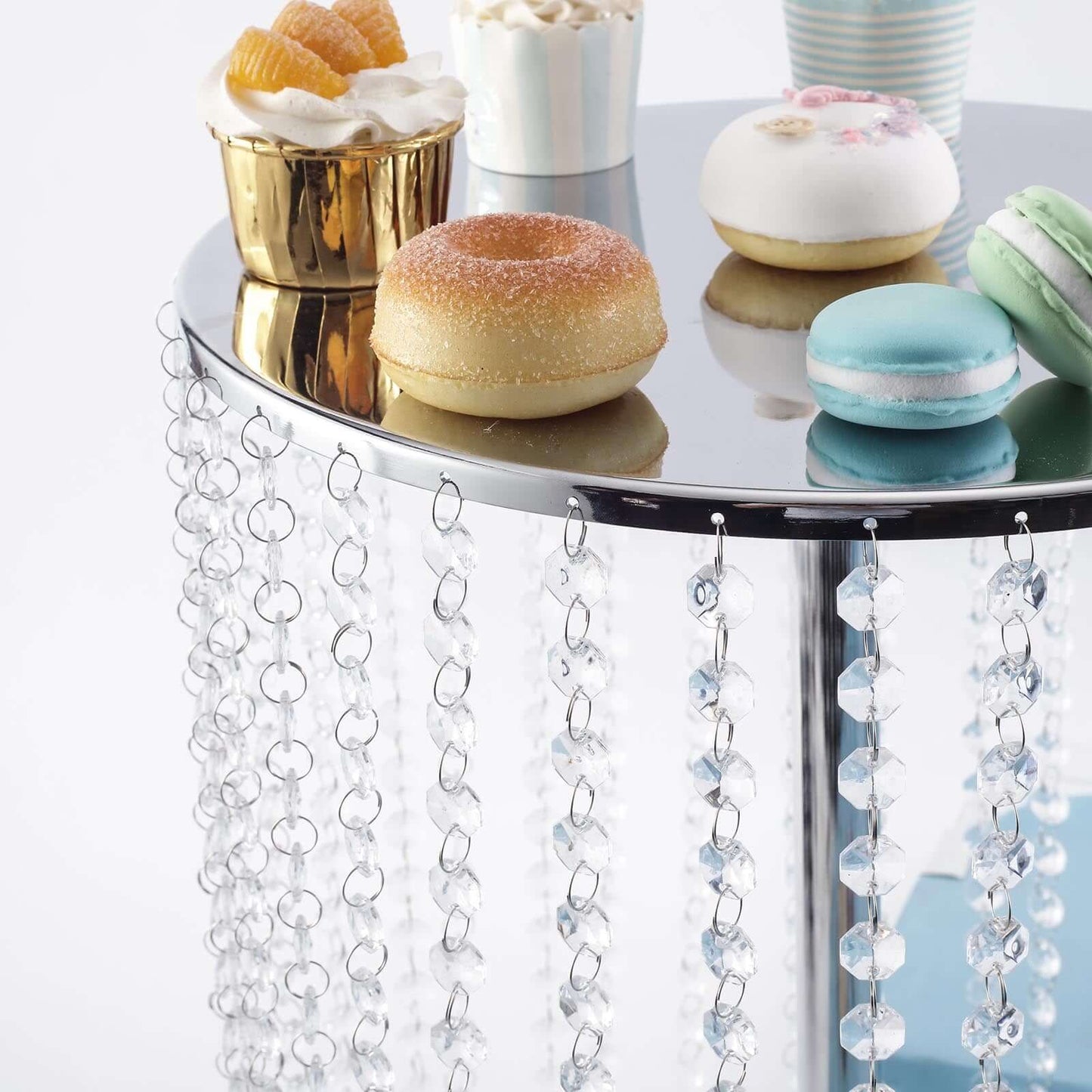 Metal Cake Stand Round Design Metallic Silver with Crystal Chains 14" Dia - Cupcake Dessert Pedestal 16"Tall