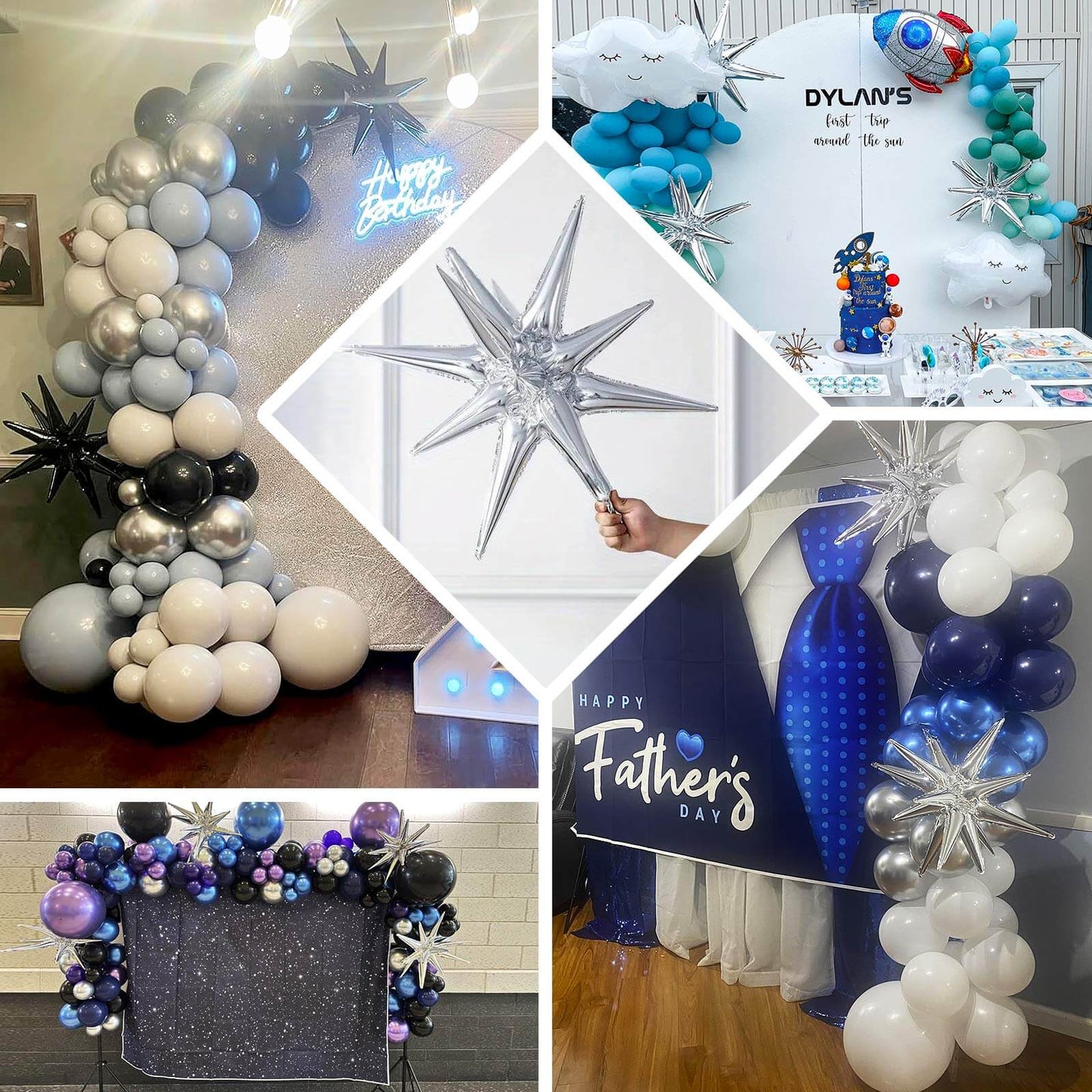 5 Pack Metallic Silver 14-Point Starburst Mylar Foil Balloons, 22" Fireworks Star Explosion Party Balloons