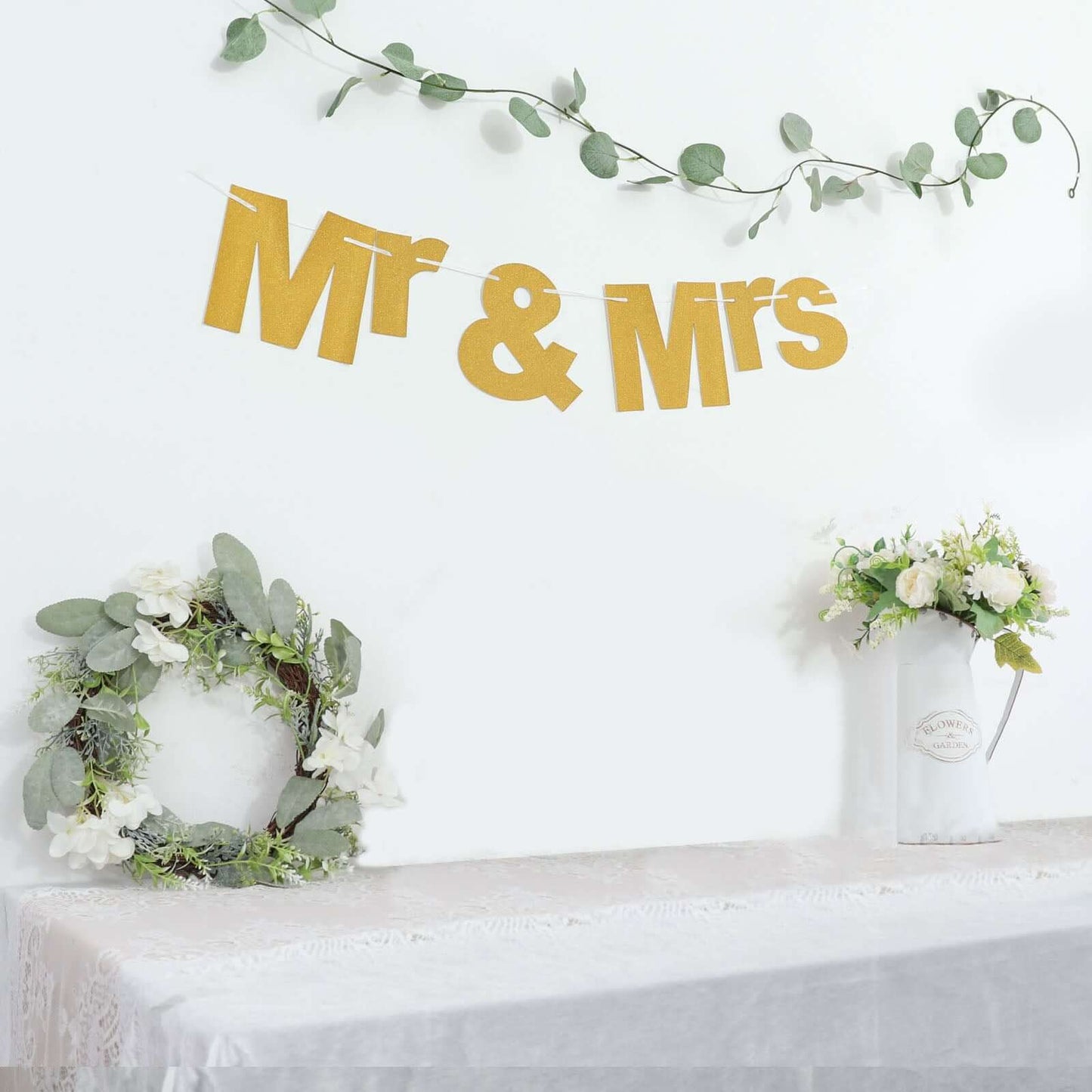 3ft Gold Glittered Mr and Mrs Paper Hanging Wedding Anniversary Banner, Party Garland Banner