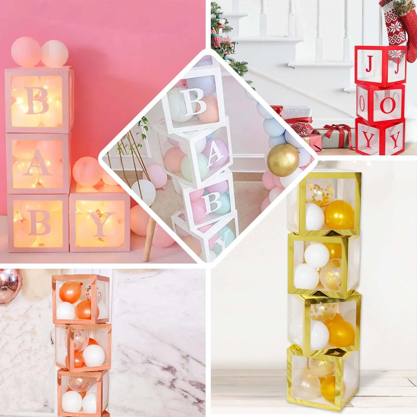 2 Pack 12" Metallic Gold Clear Baby Shower Party Decoration Boxes, Transparent DIY Balloon Boxes