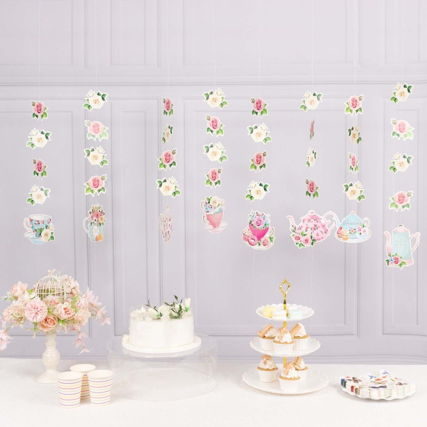 8 Pack Double Sided Floral Tea Party Paper Garland, 40" Pre-Assembled Mixed Teapot Banner Hanging Decorations