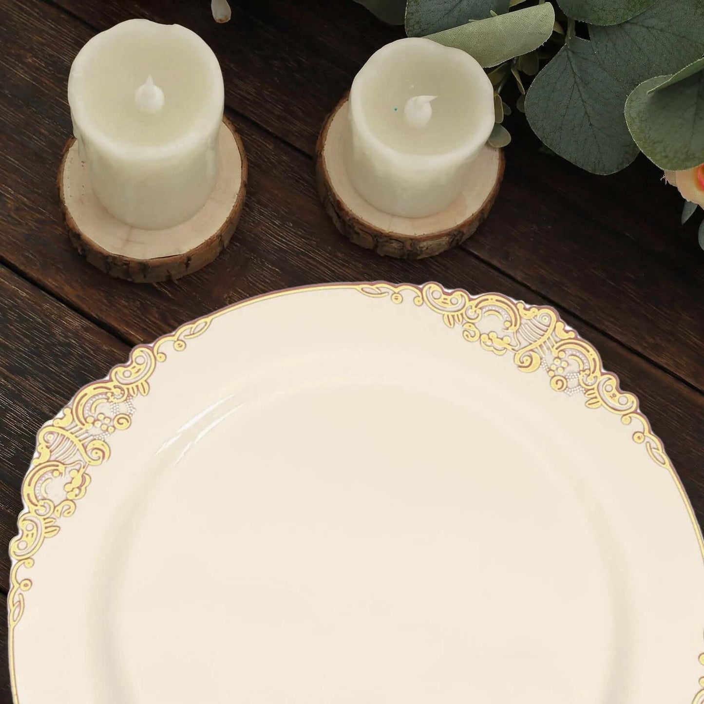 10-Pack Plastic 10" Round Dinner Plates in Ivory with Gold Leaf Embossed Rim - Disposable Vintage Baroque Style Plates