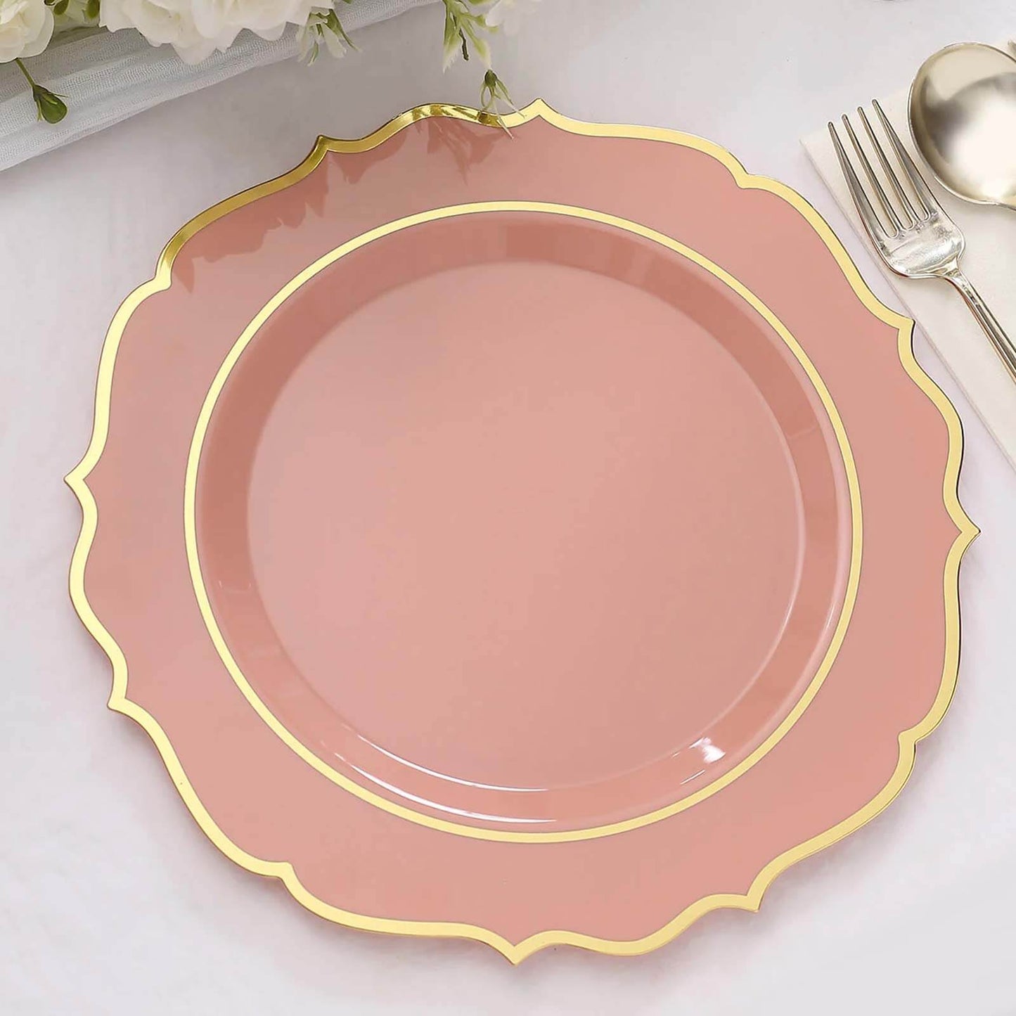 10-Pack Plastic 10" Round Dinner Plates in Dusty Rose with Gold Scalloped Rim - Disposable Party Plates