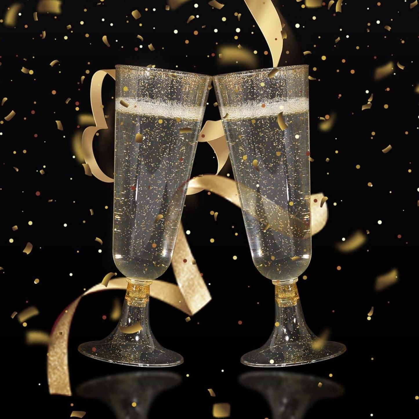12-Pack Plastic Champagne Glasses Gold Glittered Short Stem - Stylish Disposable Flutes with Detachable Base for Toasts 5oz