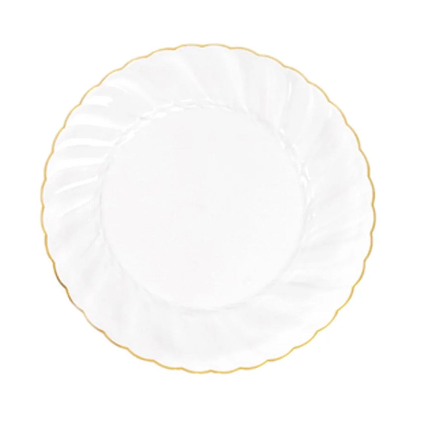 10-Pack Plastic 7.5" Round Salad Dessert Plates in Clear with Gold Flair Rim - Disposable Party Plates for Upscale Banquets & Special Occasions