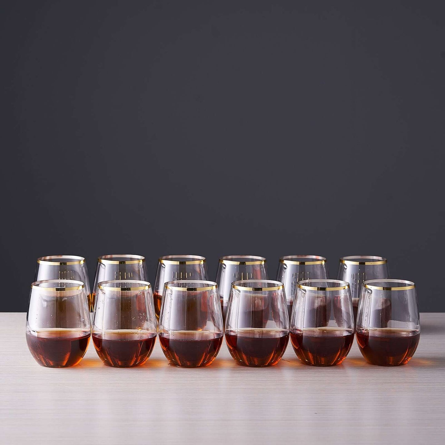 12-Pack Plastic Wine Tumblers Clear with Gold Rim - Reusable Drinkware 12oz