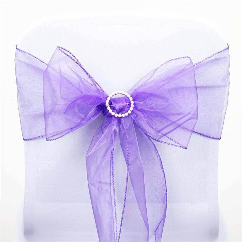 5 Pack Organza Chair Sashes Purple - Reusable Sheer Chair Bows 6"x108"