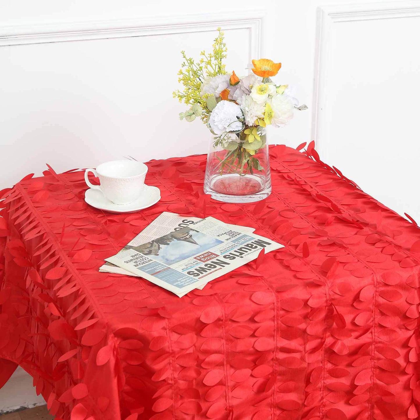 Taffeta 54"x54" Square Tablecloth Red 3D Leaf Petal Table Cover