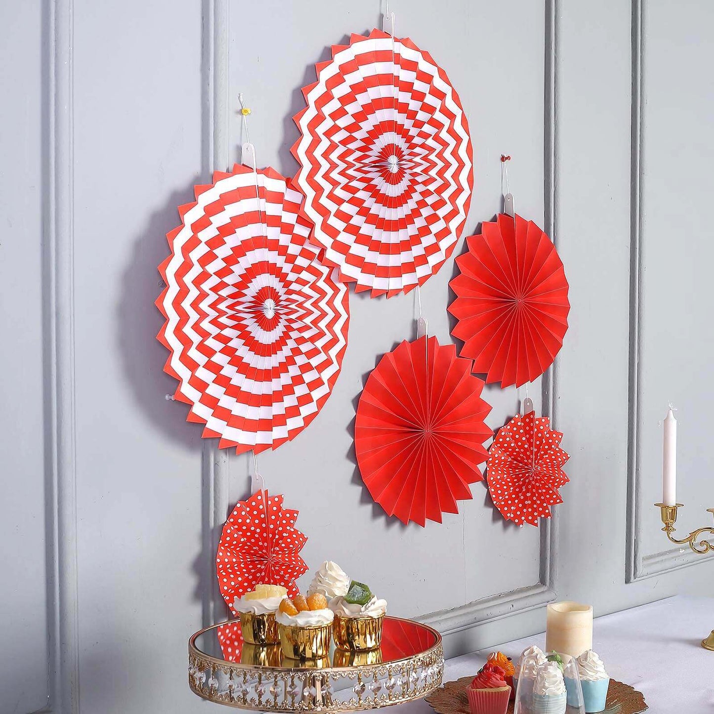 Set of 6 Red Hanging Paper Fan Decorations, Pinwheel Wall Backdrop Party Kit - 8", 12", 16"