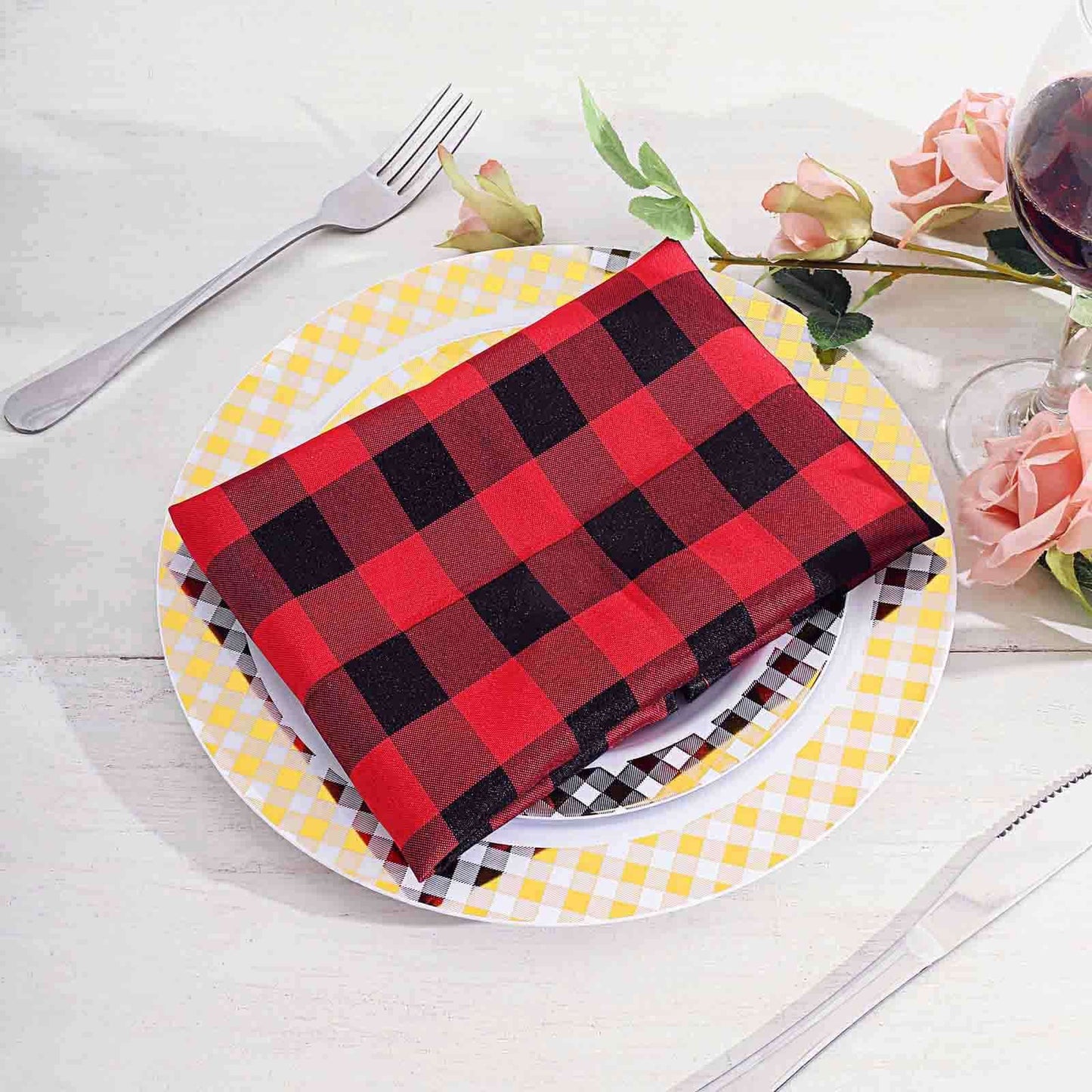 5 Pack Polyester 15"x15" Napkins Black/Red Buffalo Plaid Gingham Style Cloth Napkins