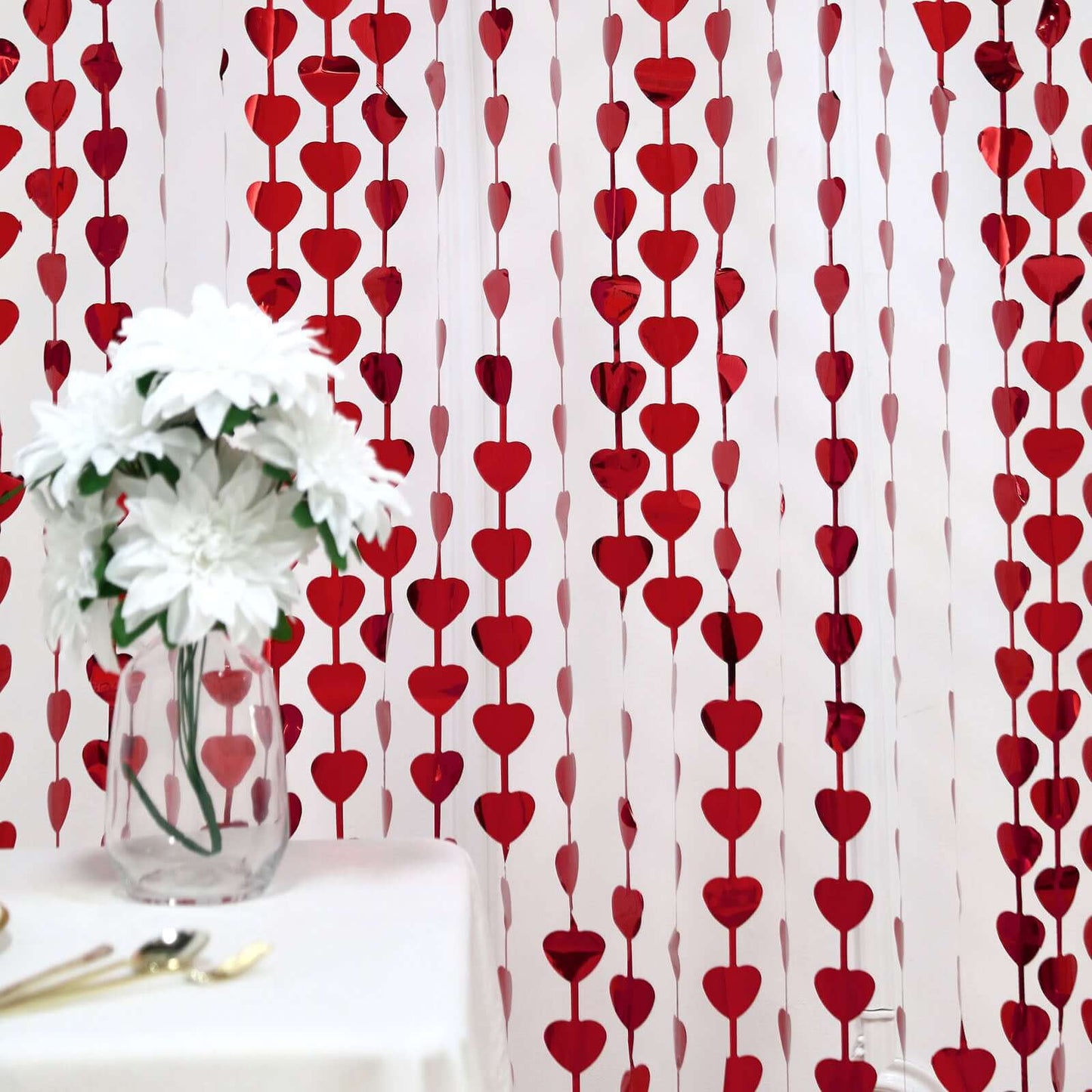 Red Heart Chain Foil Fringe Curtain Party Backdrop, Metallic Red Tinsel Streamer Party Decor - Door Window Foil Curtain - 3ftx6.5ft