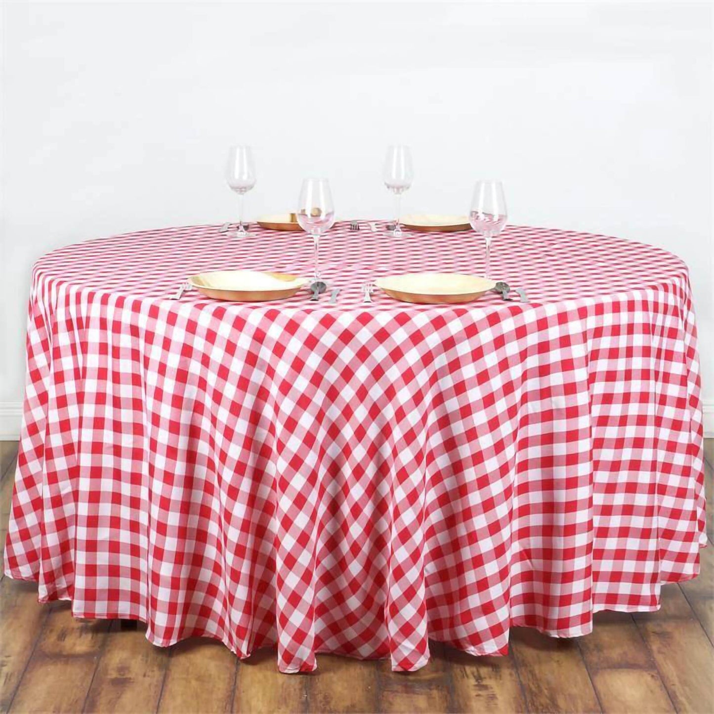 Polyester 108" Round Tablecloth White/Red - Checkered Buffalo Plaid Table Cover