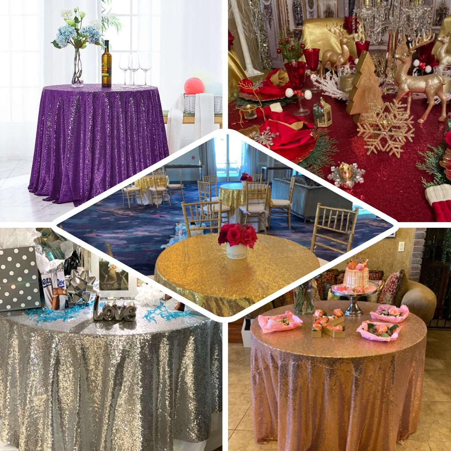 Sequin 132" Round Tablecloth Red - Seamless Dazzling Table Cover