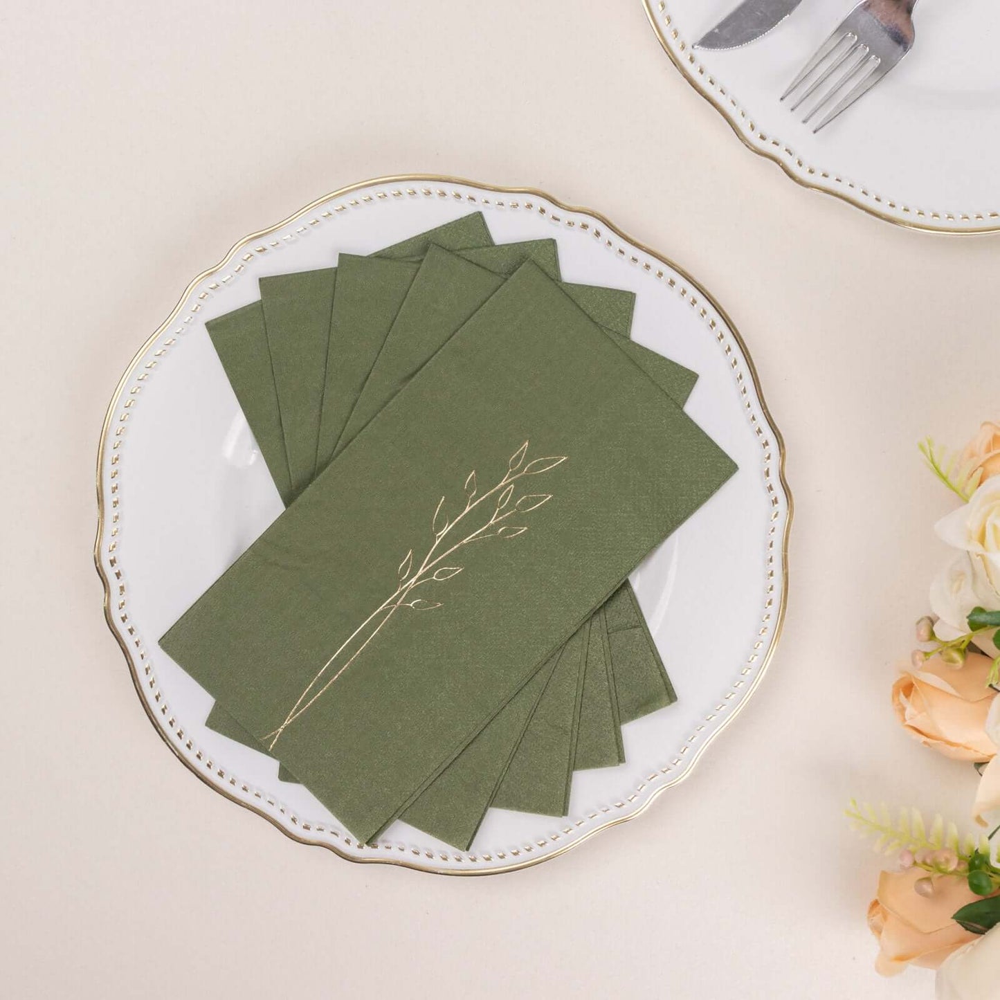 50-Pack Paper Dinner Napkins Dusty Sage Green with Gold Embossed Leaf - Stylish 2-Ply Disposable Napkins for Weddings 18GSM
