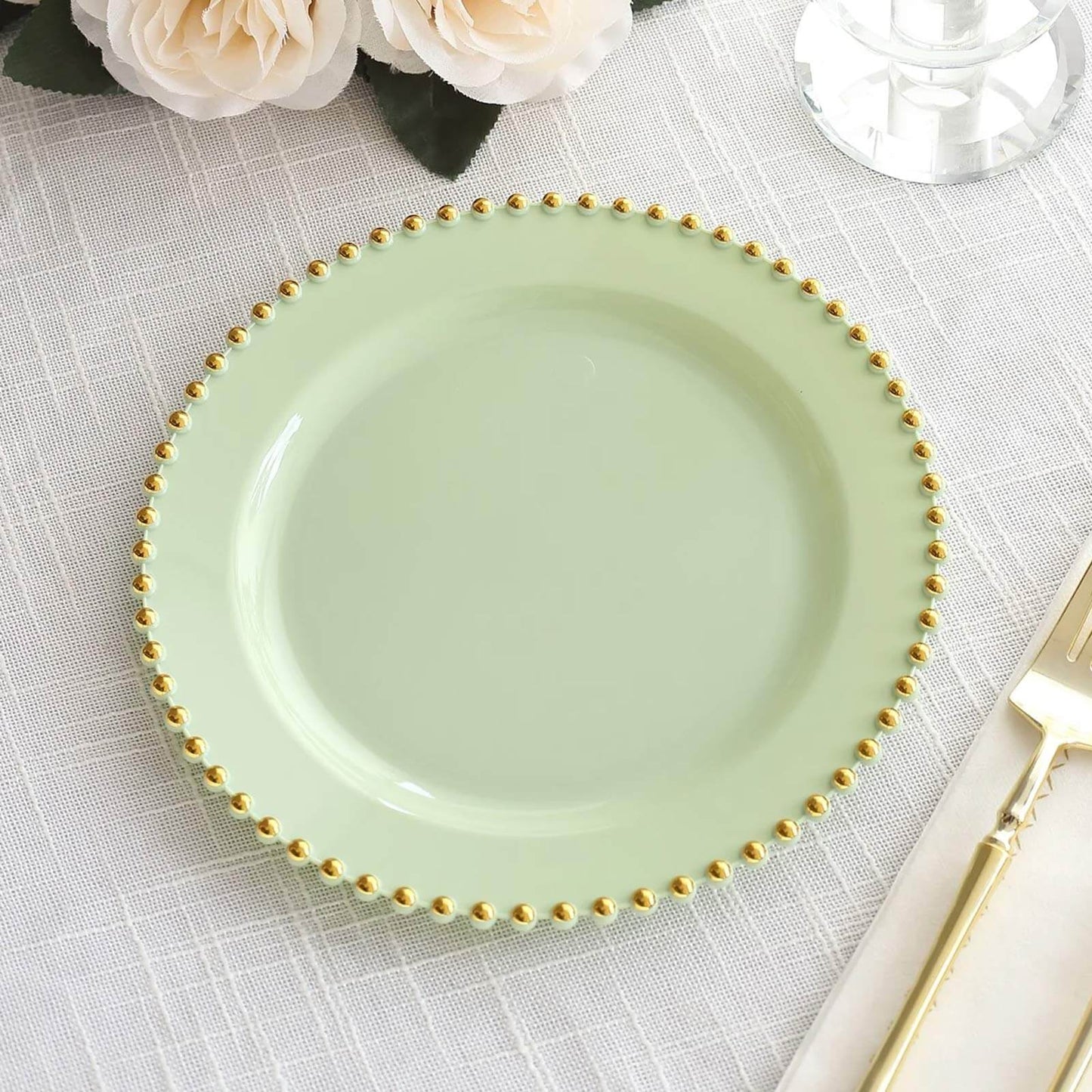 10-Pack Sage Green Plastic Dessert Plates â€“ 8" Round with Gold Beaded Rim, Disposable for Parties & Events