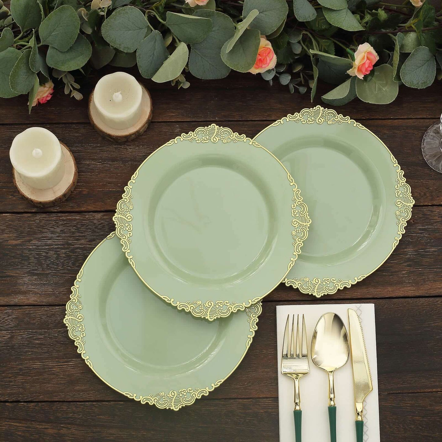 10-Pack Plastic 8" Round Dessert Plates in Sage Green with Gold Leaf Embossed Rim - Disposable Vintage Baroque Style Salad Plates