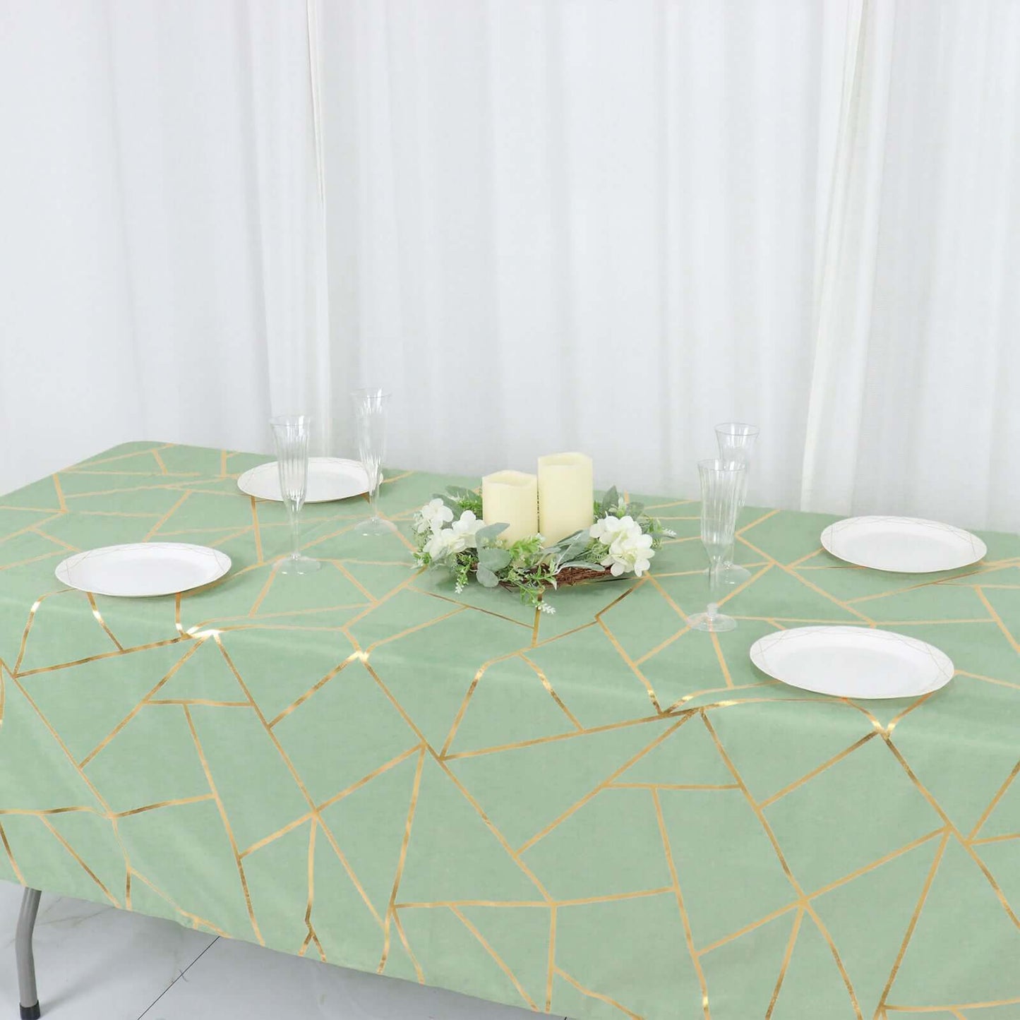 Polyester 60"x102" Rectangle Tablecloth Sage Green with Gold Foil Geometric Pattern - Wrinkle-Resistant & Durable Table Cover