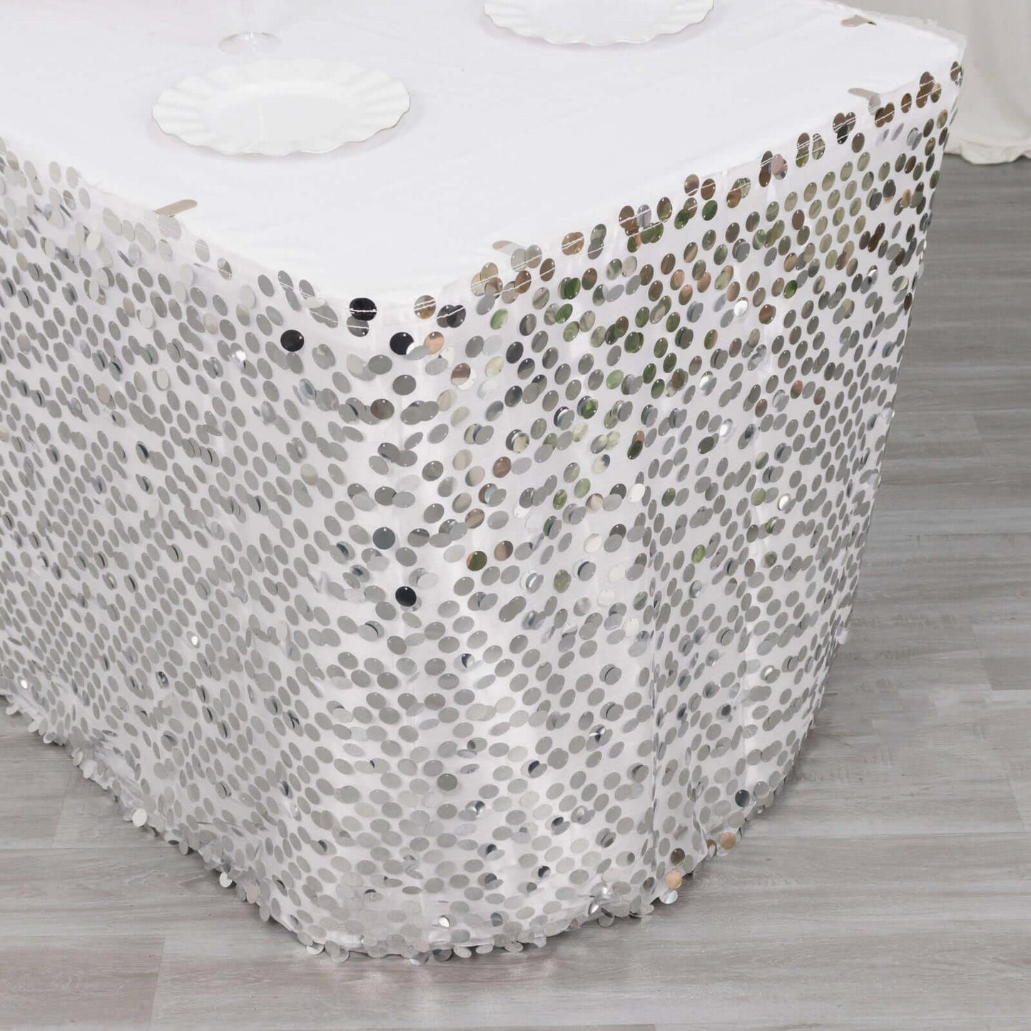 Payette Sequin 21ft Table Skirt Silver - Dual Layered Satin Table Cover