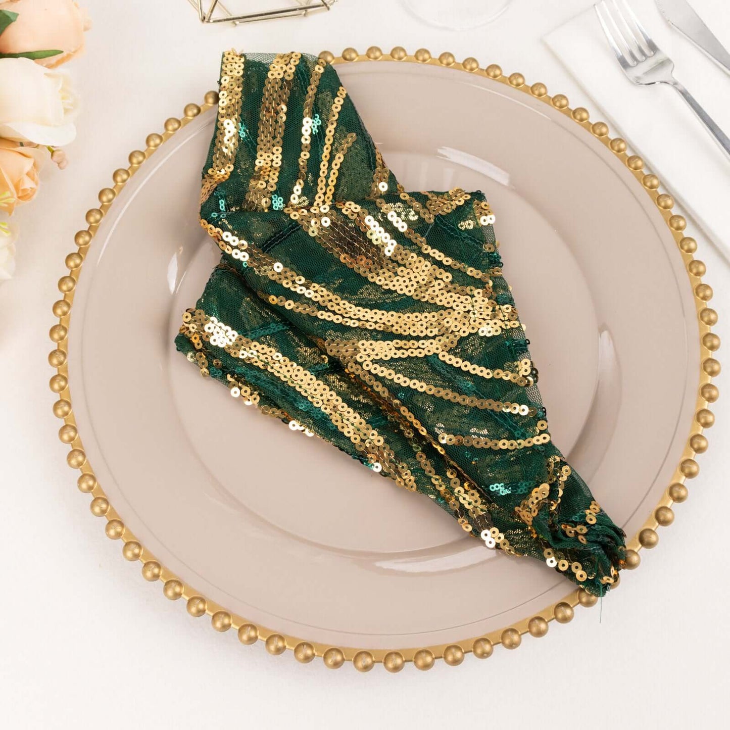 Sequin Mesh 20"x20" Napkin Hunter Emerald Green Gold - Wave Embroidered Reusable Napkin