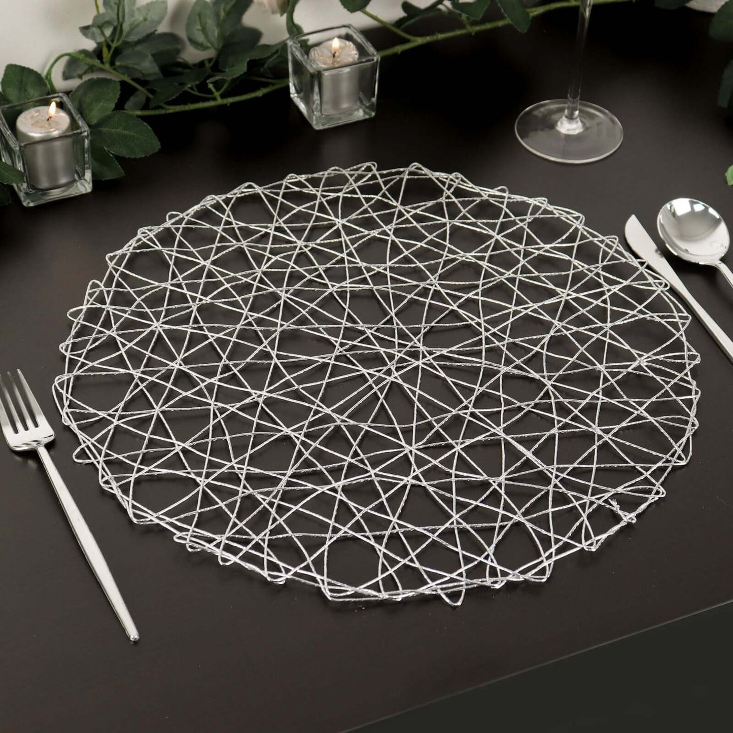 6-Pack Table Placemats Woven Fiber Design Silver Round - Disposable Mats for Dining and Events 15"