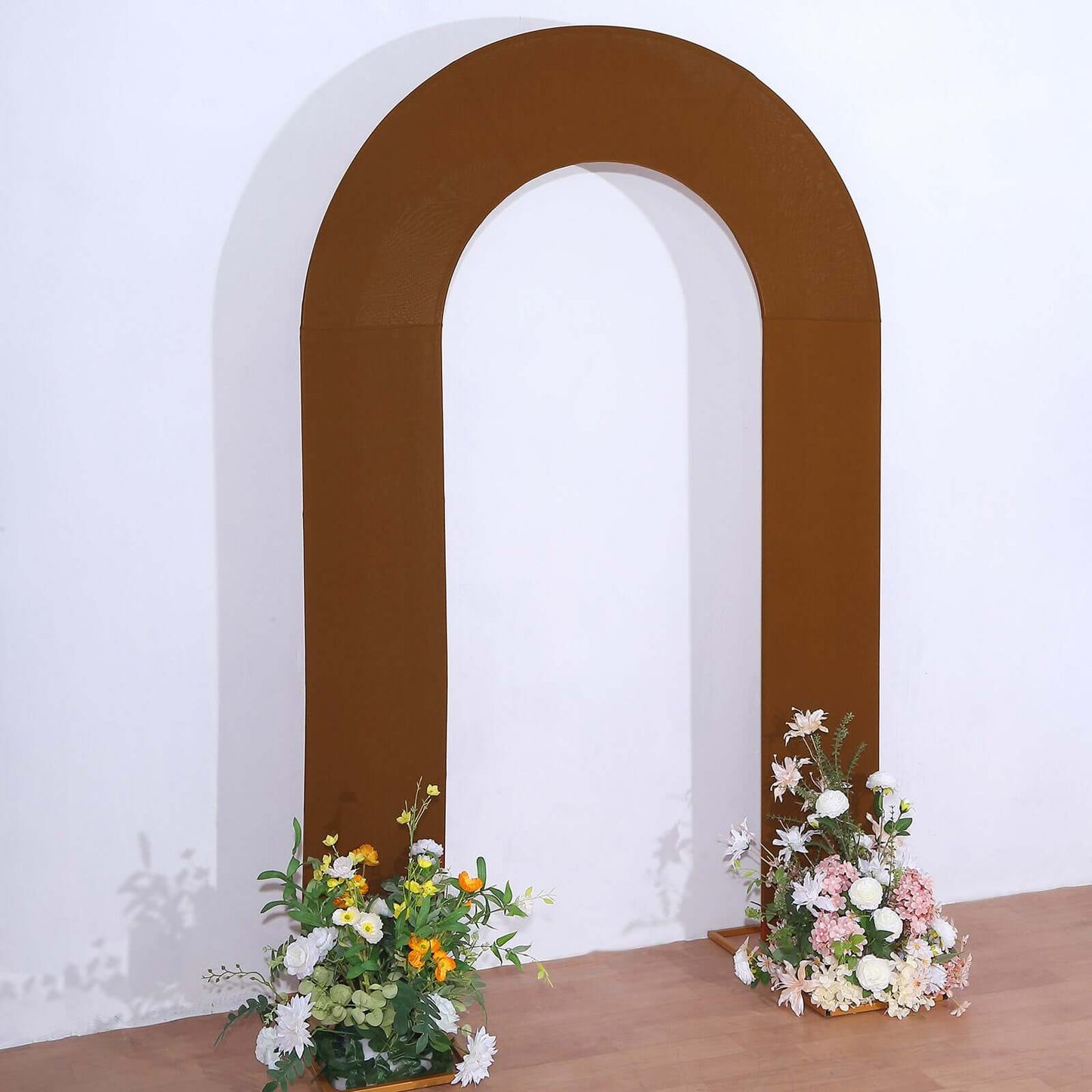 8ft Cinnamon Brown Spandex Fitted Open Arch Wedding Arch Cover, Double-Sided U-Shaped Backdrop Slipcover