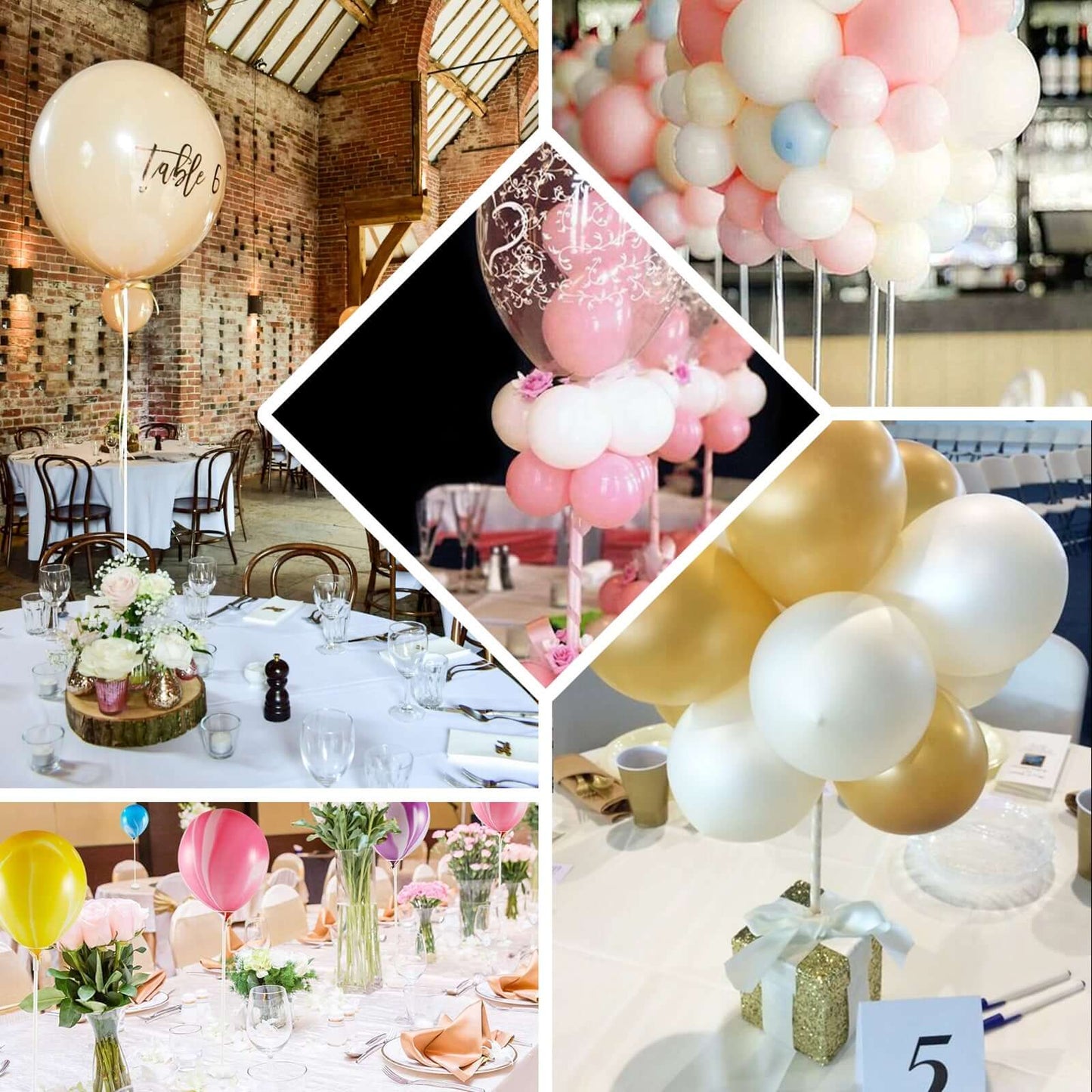 5 Pack White Balloon Centerpieces Holder with Floral Base, Table Top Balloon Stand Stick Kit - 17"