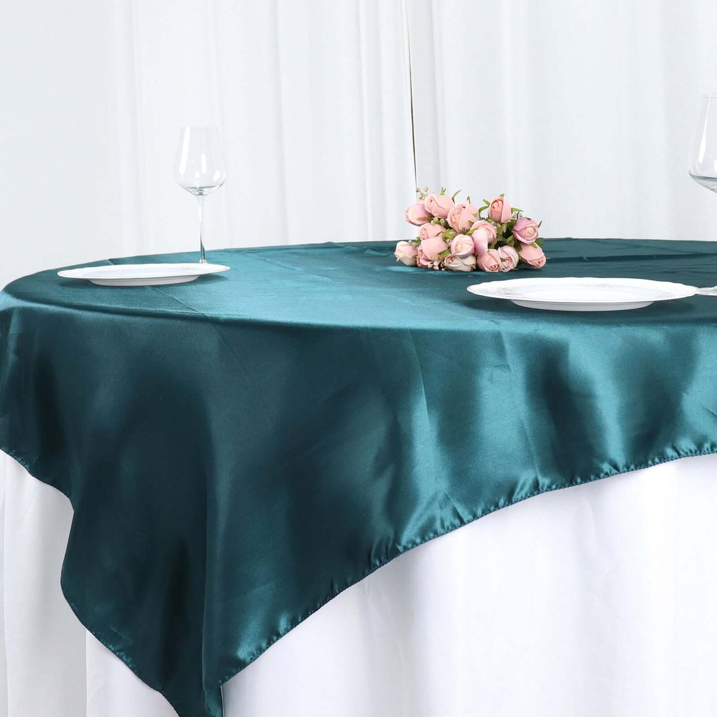 Satin 72"x72" Table Overlay Square Tablecloth Peacock Teal - Smooth Finish Table Cover
