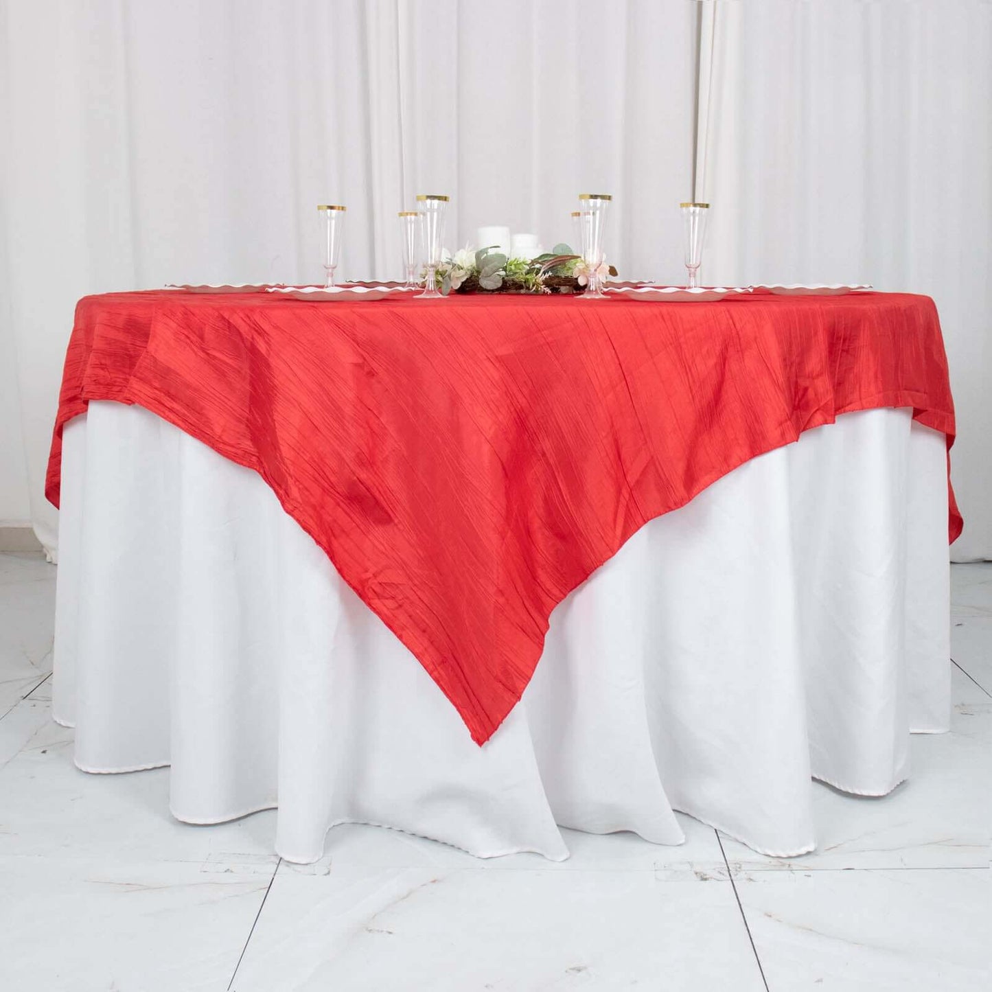 Taffeta 72"x72" Table Overlay Square Tablecloth Red - Accordion Crinkle Table Cover