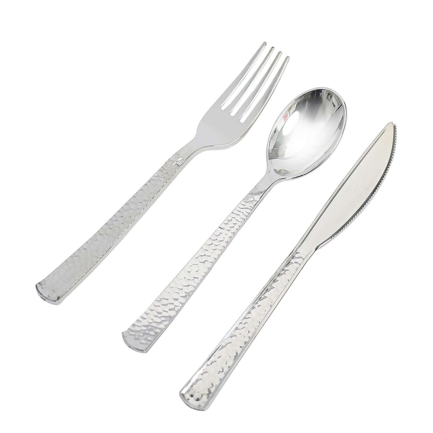 24-Pack Plastic Silverware Set with Hammered Design Silver - Heavy Duty Disposable Utensils 7"