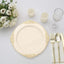 10-Pack Plastic 10" Round Dinner Plates in Ivory with Gold Leaf Embossed Rim - Disposable Vintage Baroque Style Plates