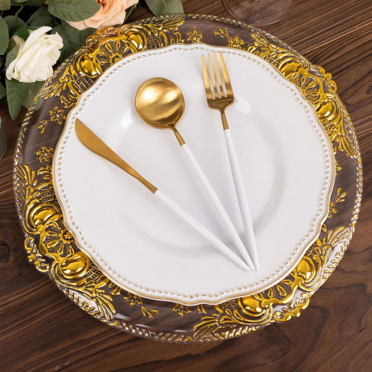 6-Pack Plastic Round Charger Plates 13" in Clear with Gold Florentine Embossed Rim, Exquisite Dinner Serving Plates