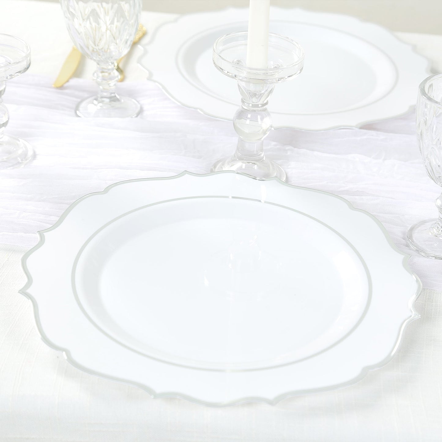 10-Pack Economy Plastic Round Charger Plates 13" in White with Silver Scalloped Rim, Decorative Dinner Party Serving Plates