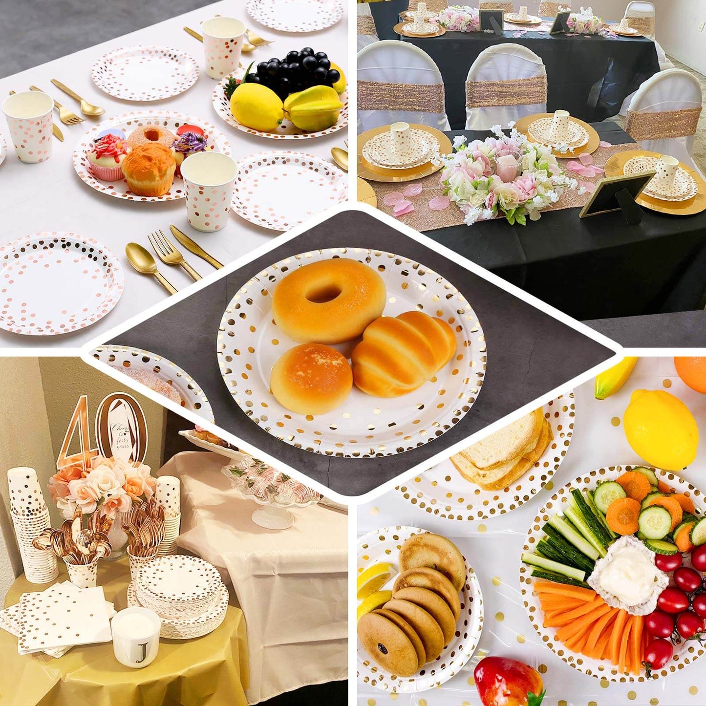 25-Pack Paper Round Dinner Plates 9" White with Metallic Rose Gold Polka Dots - Disposable 300GSM Party Plates for Banquets & Celebrations