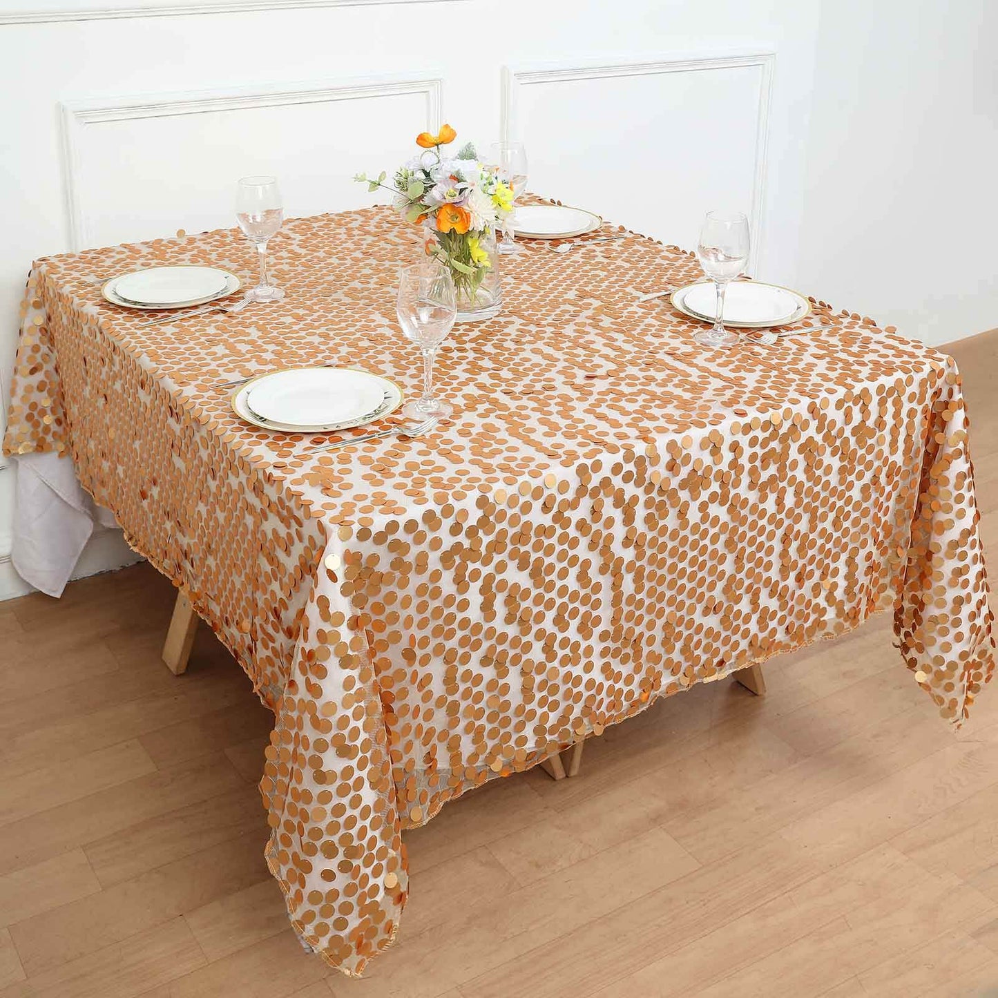 Sequin 72"x72" Table Overlay Square Tablecloth Matte Champagne - Big Payette Table Cover