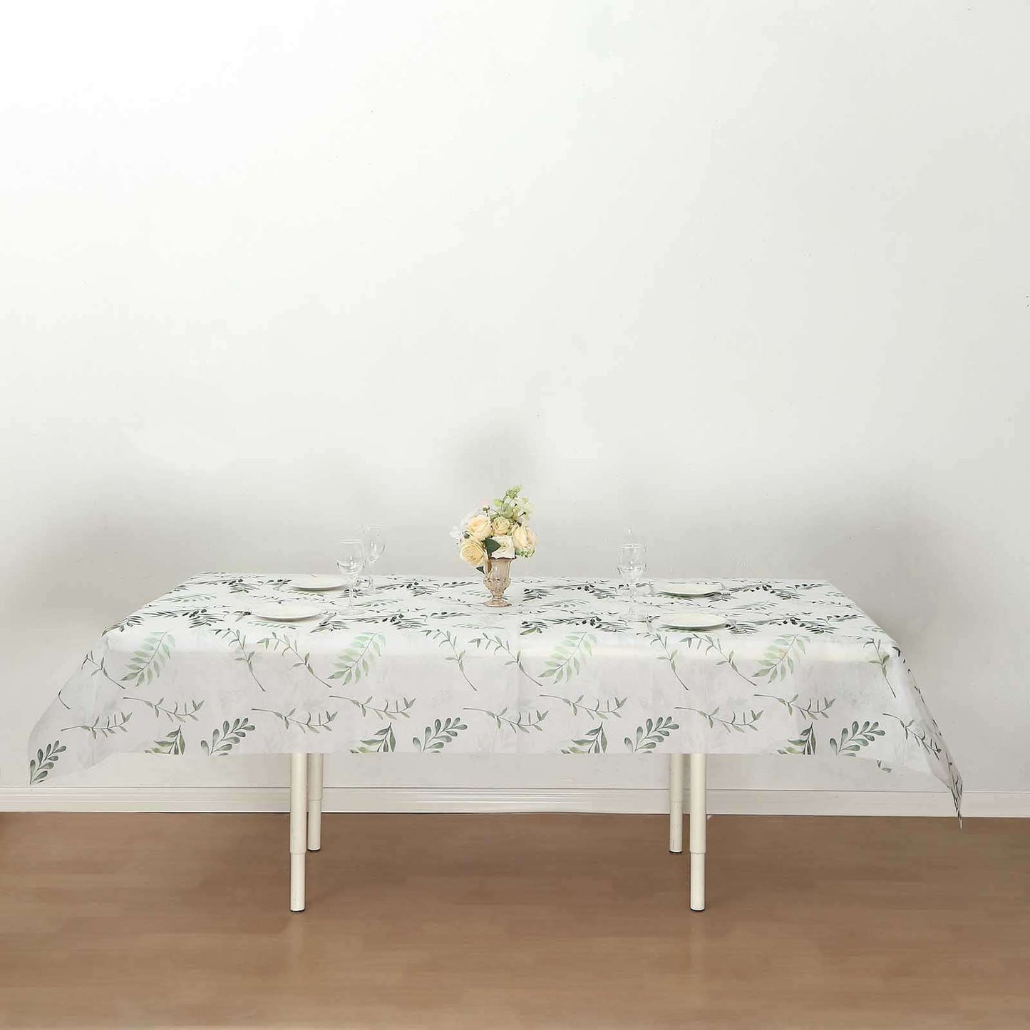 Non-Woven Tablecloth Rectangle White/Green with Olive Leaves Print - Perfect Disposable Table Cover for Summer 60"x102"