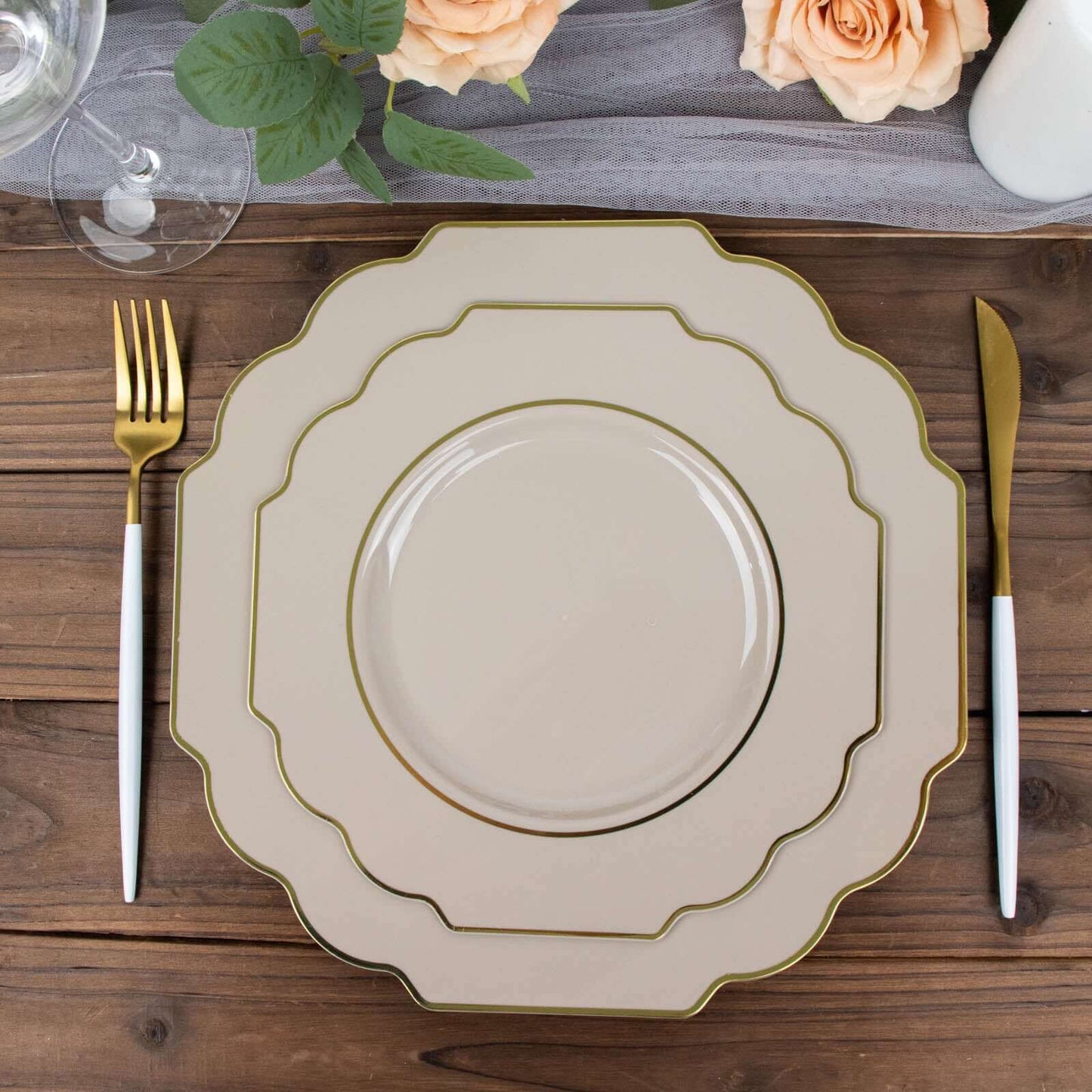 10-Pack Plastic Dessert Appetizer Plates in Taupe Baroque Design with Scalloped Gold Rim - Heavy Duty Disposable Salad Plates 8"
