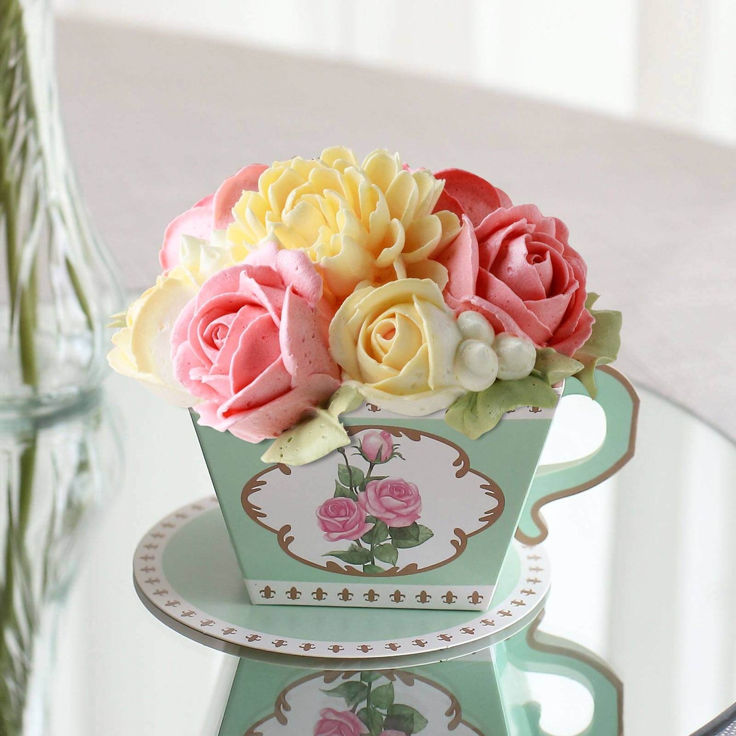 25 Pack Turquoise Mini Teacup and Saucer Party Favor Boxes with Rose Floral Print, Tea Time Candy Boxes - 4"x3"