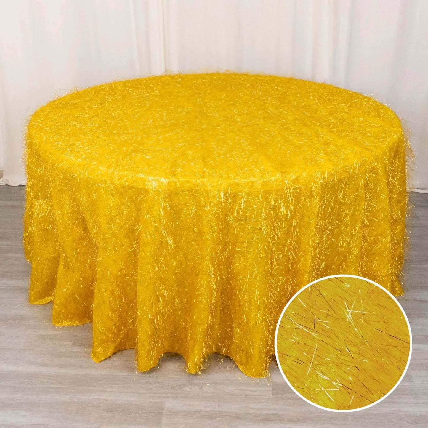 Polyester 120" Round Gold Tablecloth Metallic Fringe Shag Tinsel Design Table Cover for Weddings & Events