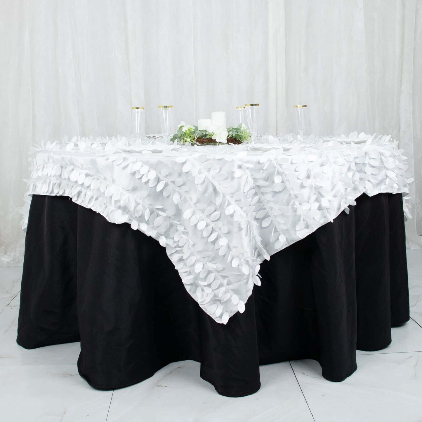 Taffeta 72"x72" Table Overlay Square Tablecloth White 3D Leaf Petal Design for Stylish Celebrations