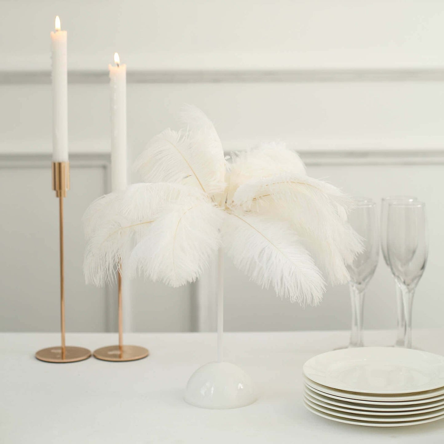 Table Lamp Ostrich Feather Design White LED Battery Operated - Cordless Wedding Centerpiece 15"